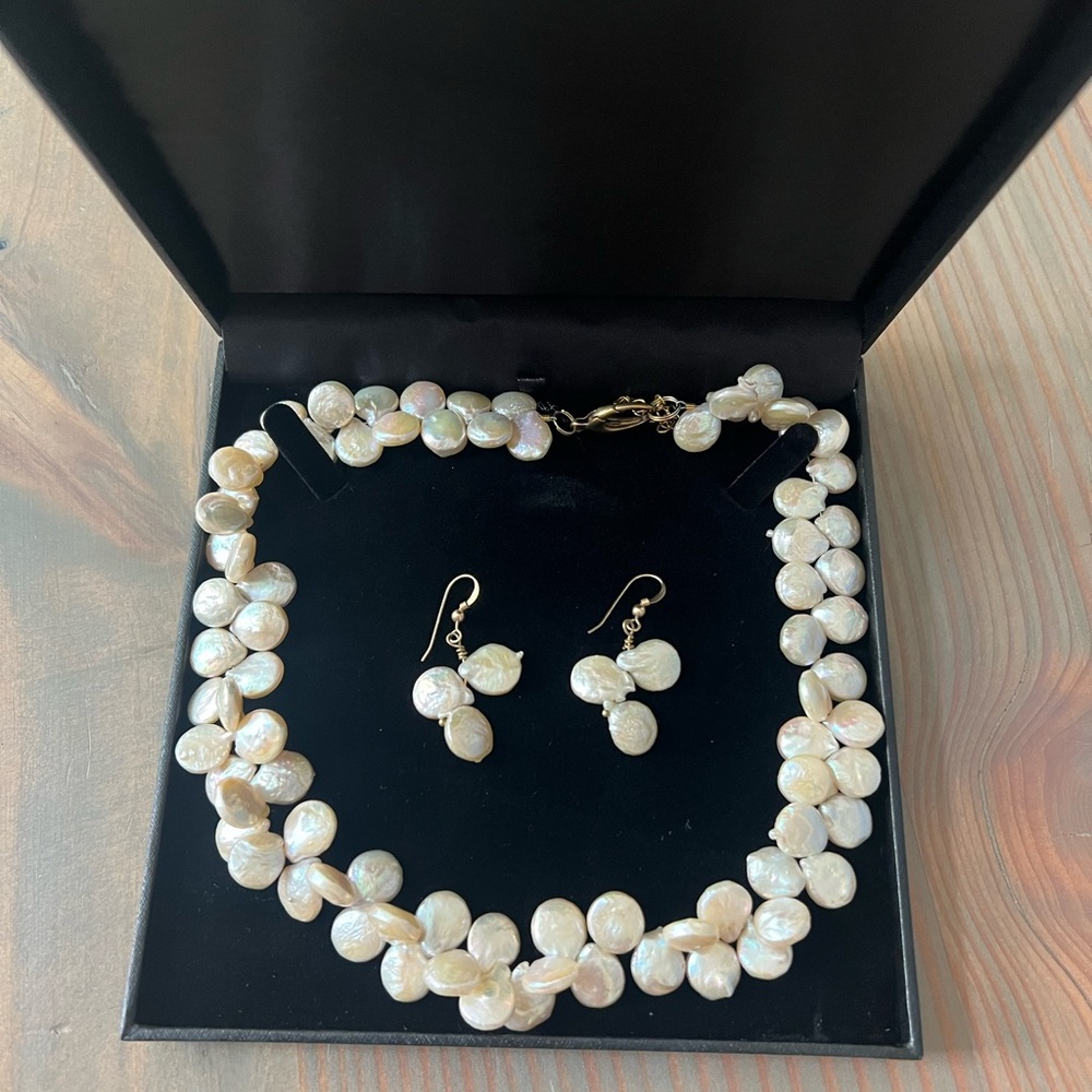 Drop Coin Pearl Necklace and Earring Set
